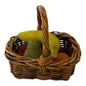 VTG Beaded Faux Fruit Set in Wicker Basket – 6-Piece Decorative Display